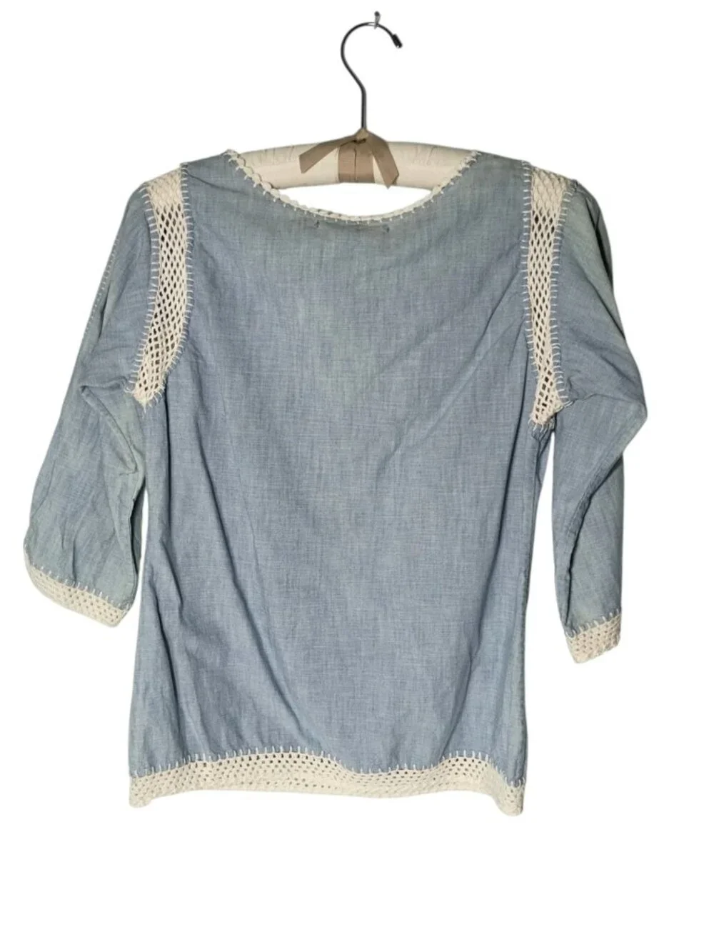 Lucky Brand Boho Embroidered Chambray Top S Cotton Crotchet Floral Peasant